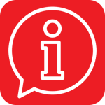 Image of a chat bubble outline with "i" in the center on a red background