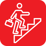 Image of person with briefcase climbing a ladder outline on a red background