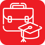 Image of a briefcase and graduation cap outline on a red background