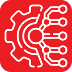 Image of a gear outline with internal lines on a red background