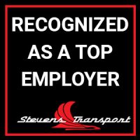 Image of black and red box with white text that reads "recognized as a top employer", Stevens Transport logo underneath