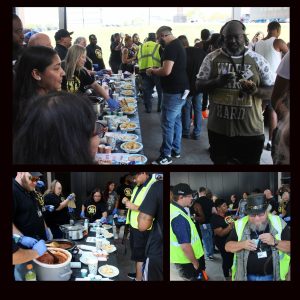Collage of Stevens Transport truckers gathered around tables with lots of cookers full of chili