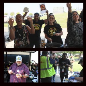 Collage of smiling Stevens Transport truckers gathered around tables with lots of cookers full of chili