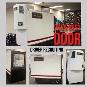 Collage of photos of a door at Stevens Transport decorated to look like a Stevens Transport semi truck cooler