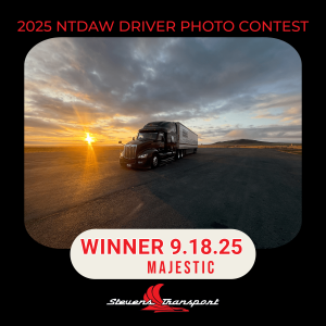 Driver Photo Contest winner; Stevens Transport semi truck in front of sunset
