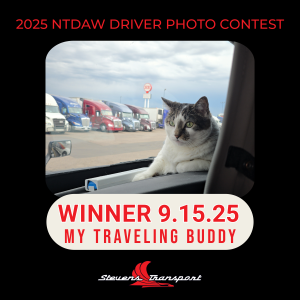 Image of Driver Contest winner; image of cat on dashboard of semi truck