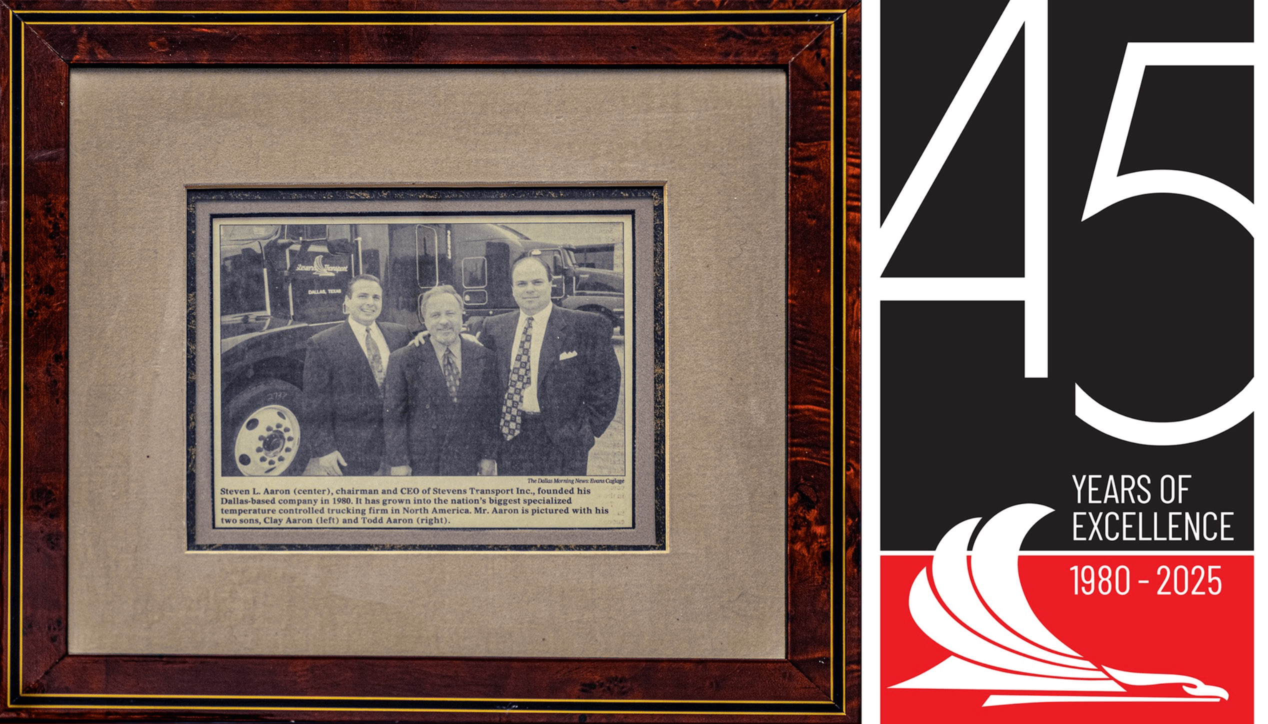 Graphic of a historical Stevens Transport crew and 45 years of excellence logo