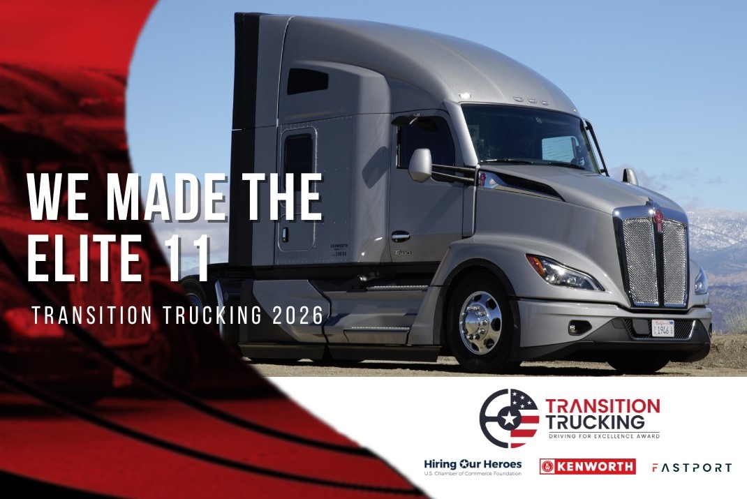 Promotional graphic reading "We Made the Elite 11 – Transition Trucking 2026" over a photo of a silver Kenworth semi-truck, with Transition Trucking, Hiring Our Heroes, Kenworth, and FASTPORT logos