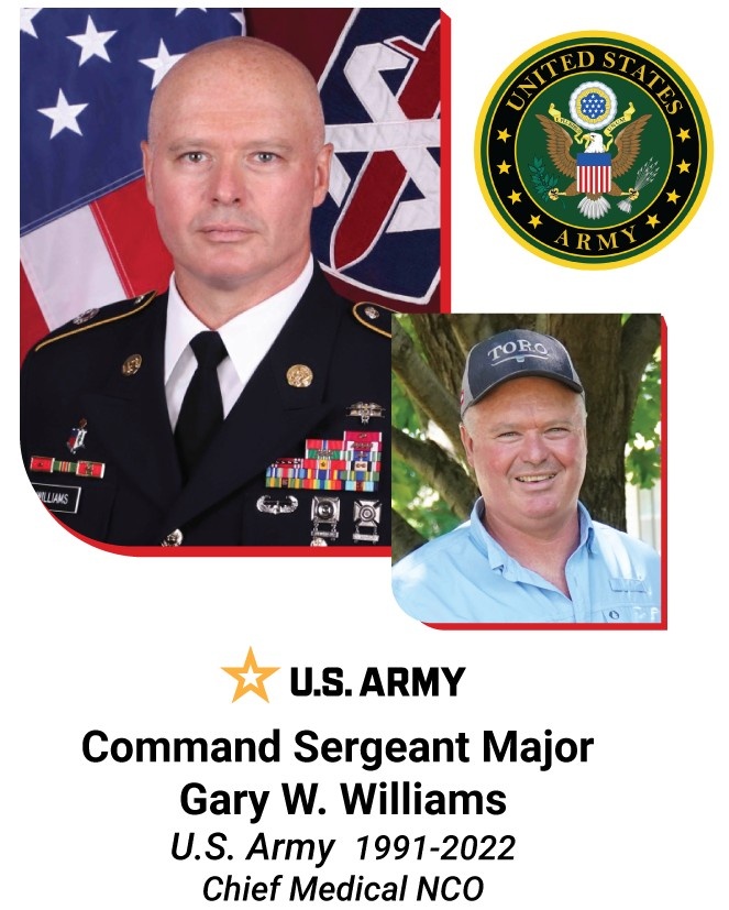 Graphic for Command Sergeant Major Gary W. Williams, U.S. Army 1991–2022, Chief Medical NCO, showing his military portrait in dress uniform alongside a current photo, with the U.S. Army seal and logo.