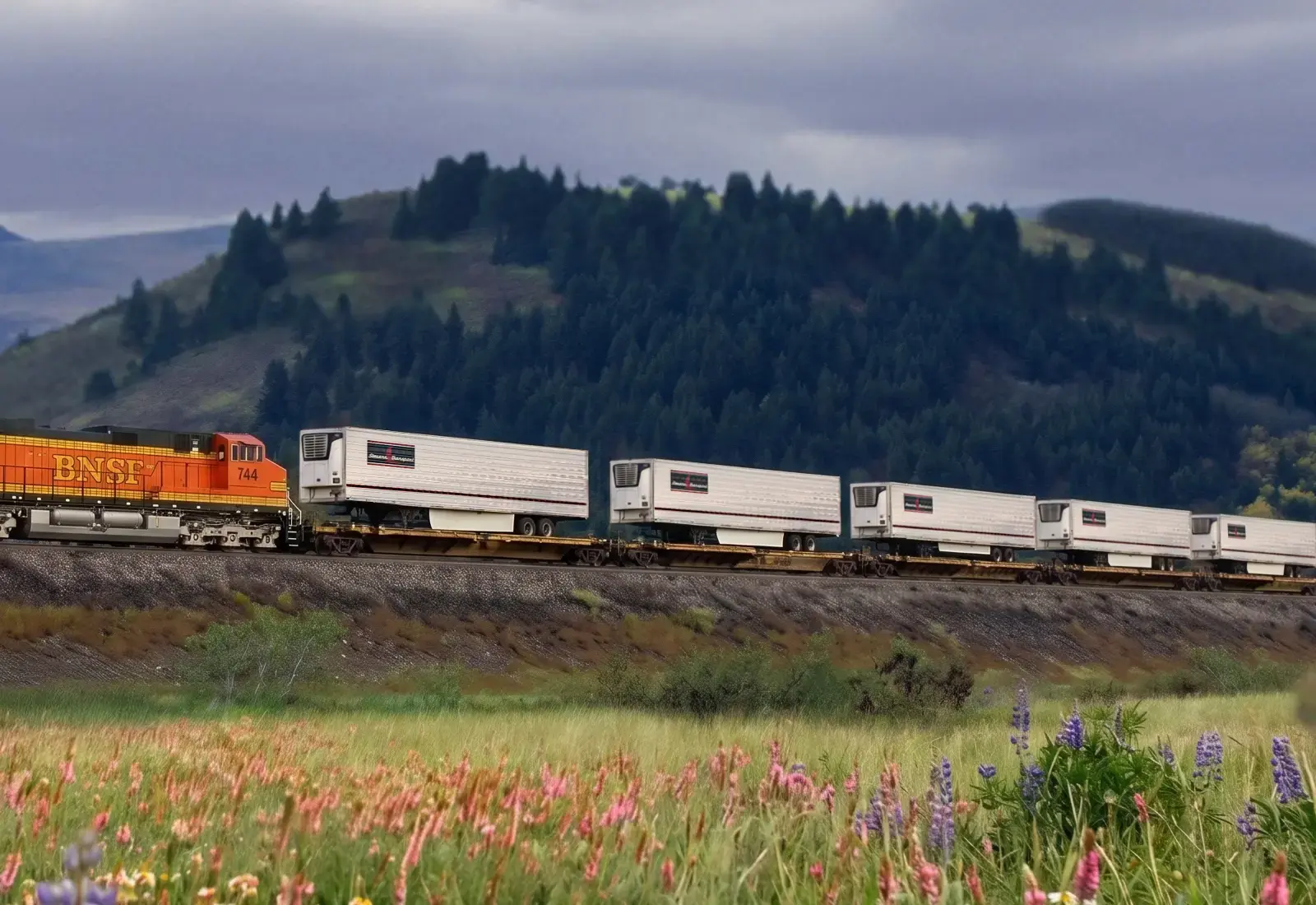 Train with Stevens Transport trailers on railroad trucks going past a mountain