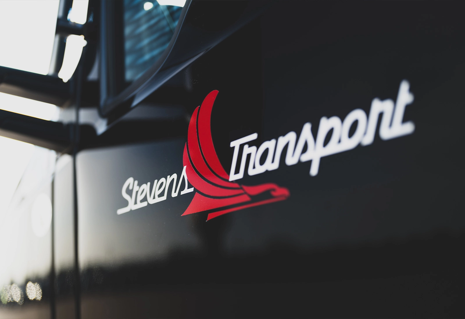 Closeup of Stevens Transport logo on semi truck