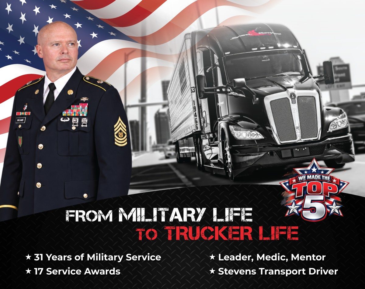 Gary Williams standing in front of American flag and Stevens Transport semi truck